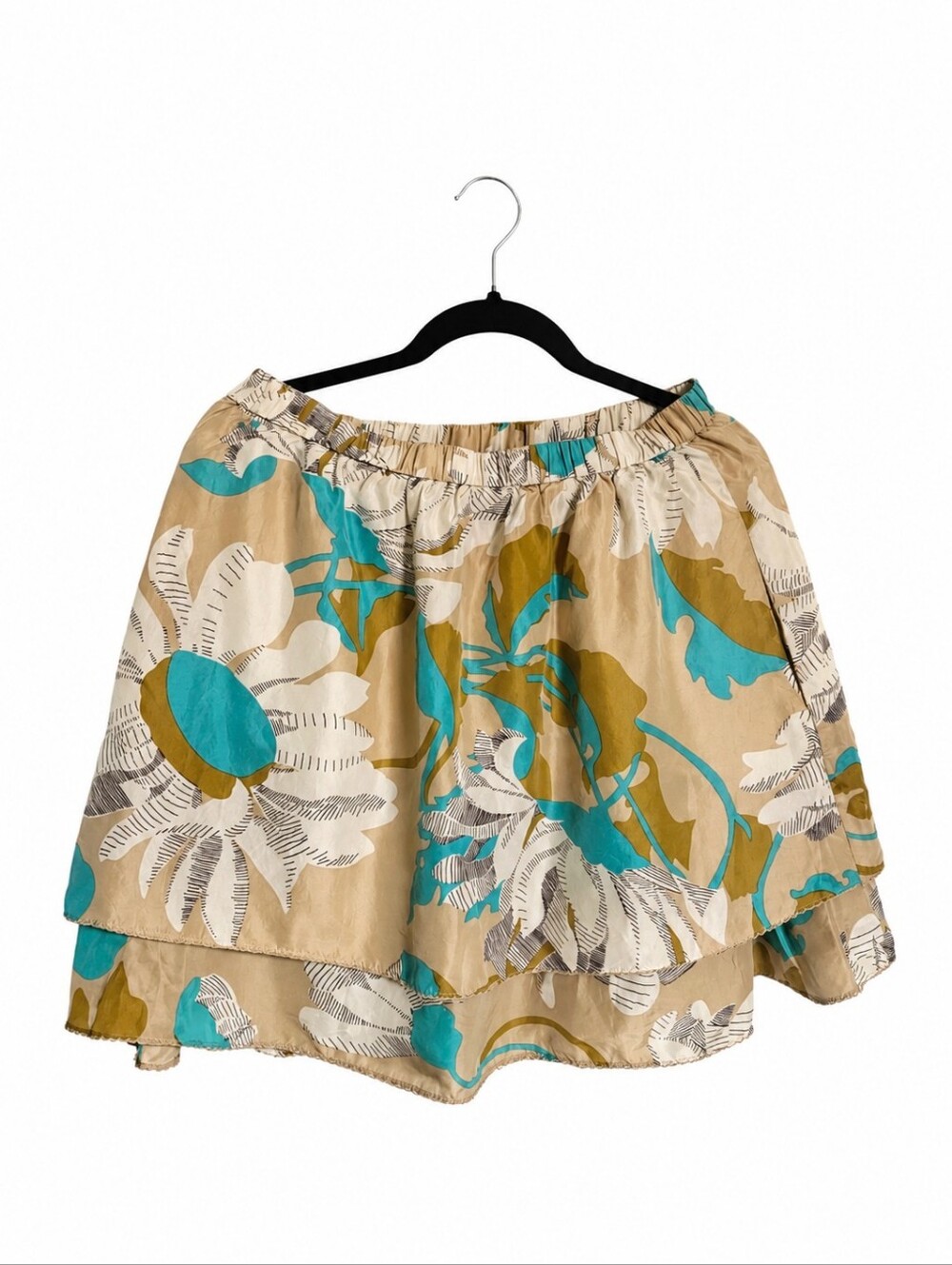 Odille Silk Beige Mini Skirt with Teal and White Floral Print